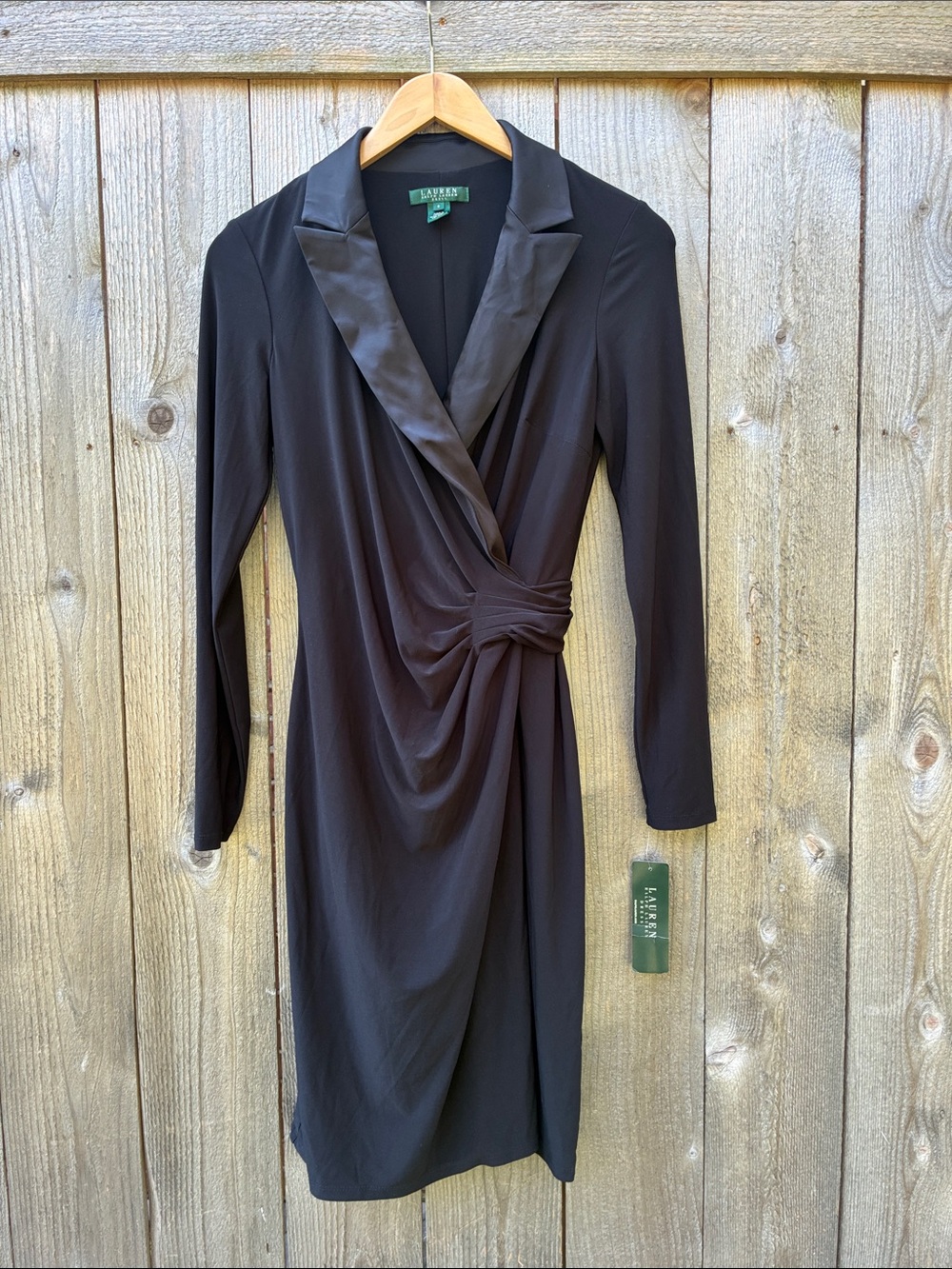 Lauren Ralph Lauren Black Satin-Trim Long Sleeve Wrap Dress